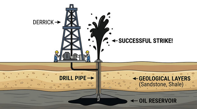 Oil drilling rig strikes a successful blow in a desert landscape with a derrick and drill pipe