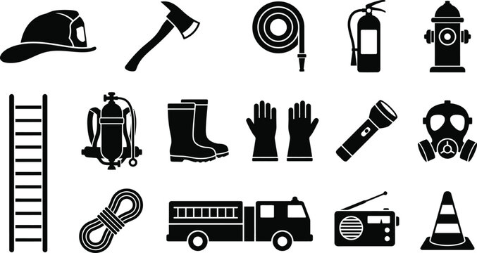 Black and white silhouette icons of various firefighting equipment and tools