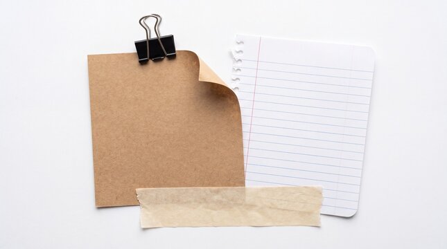 Brown kraft paper and lined note paper with black clip