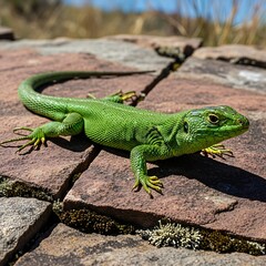 Fototapeta premium Close-up of green iguana on fallen log in forest.