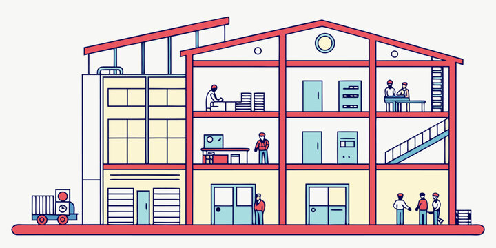 Warehouse factory interior shows employees working on different levels of the industrial building in a cross section layout.