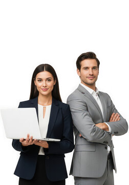 Business team with laptop isolated on a smooth transparent background