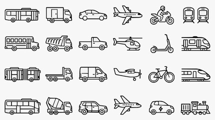 Industrial Black and White Line Icons Set of Various Vehicles and Transportation Modes with high quality professional line art symbols for modern creative design and digital branding projects © Caper