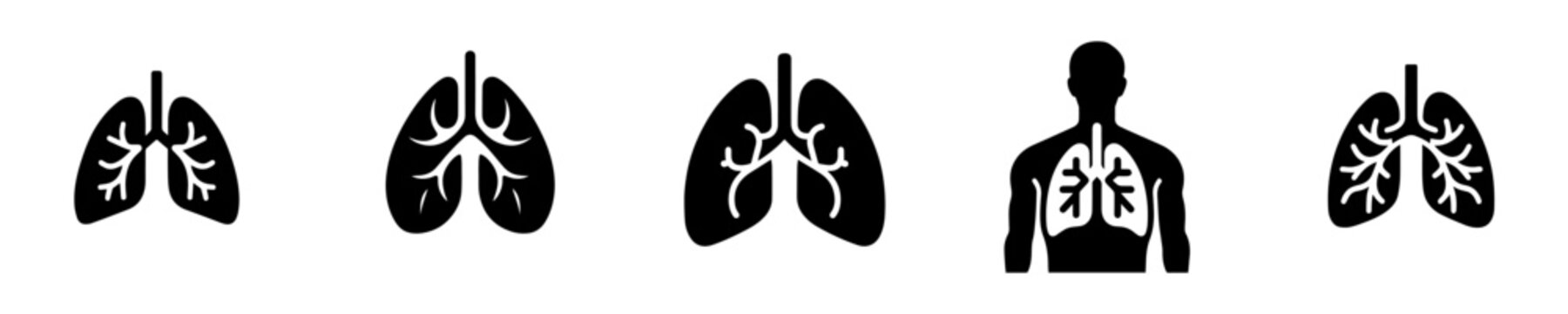 Lungs icon set. Collection of human respiratory system, lungs silhouette and torso anatomy black icons isolated on white background. Medical, healthcare, and pulmonology vector illustration.