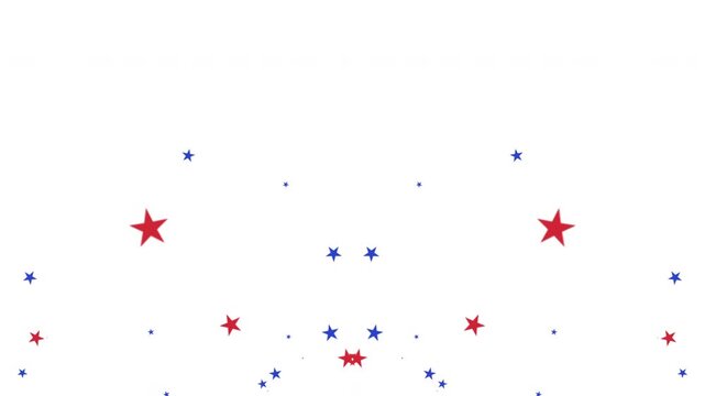 Red and blue stars canon confetti white background for USA celebrations like 4th of July, Memorial Day, Veteran's Day, or other patriotic US American holidays. 