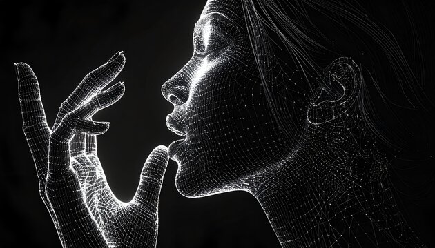 Futuristic black and white 3D wireframe digital human face making a gentle silence whispering gesture with finger