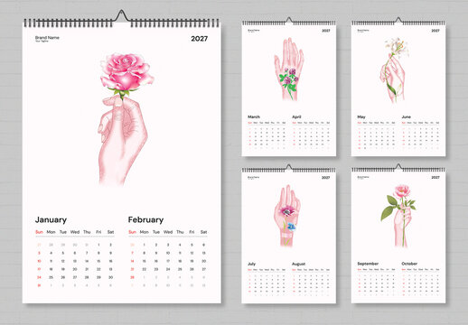 2027 Wall Calendar Template with Aesthetic Minimal Hand and Floral Illustrations