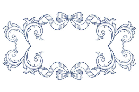 A frame with decorative blue baroque scrolls and bows. A vector, hand-drawn graphic illustration. A versatile element for designing covers, invitations, postcards, certificates, web pages, and more.