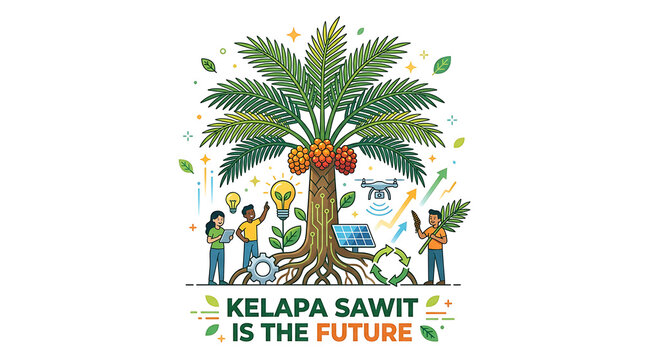 People working under a large palm tree with text Kelapa Sawit Is The Future