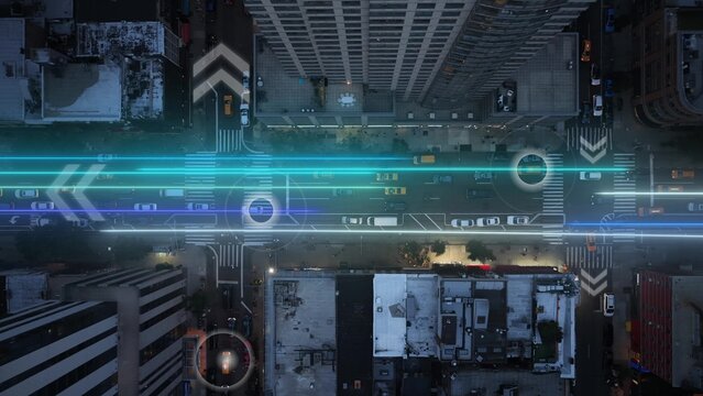 AI Smart Traffic Automation System with Digital Data Graphic Overlay Above Urban American City Street. Aerial drone shoot