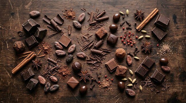 Assortment of dark chocolate, cocoa beans, and spices on a rustic wooden background.
