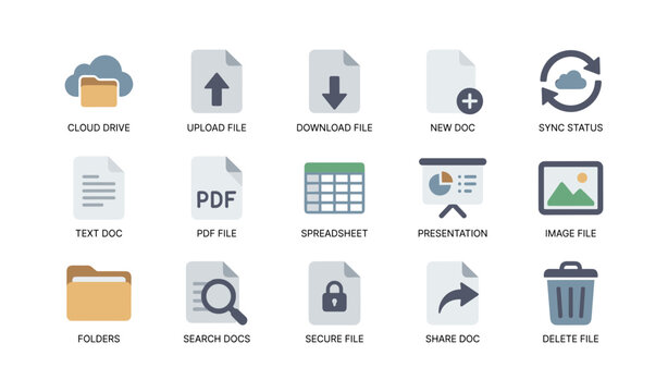 Cloud and file icons representing document actions and folders