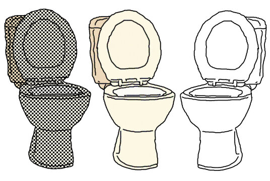 close up of flush toilet bowl. manual raw sketch drawing pixelate color halftone dotted texture style collage element
