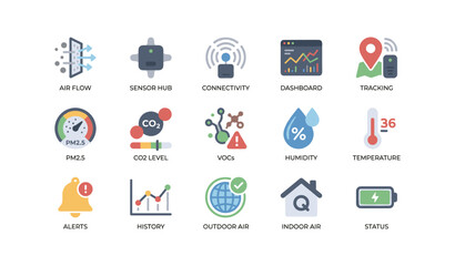 Fototapeta premium Air quality and sensor icons arranged in grid on white background
