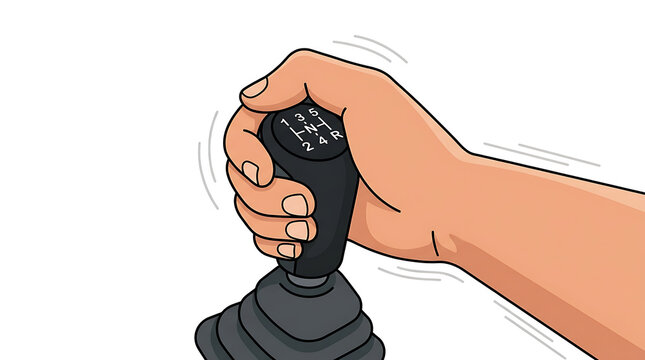 Person's hand grips a gearshift tightly in a manual transmission vehicle.
