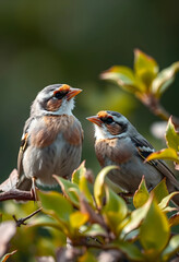 Fototapeta premium Two calm finches perched on leafy branch in nature