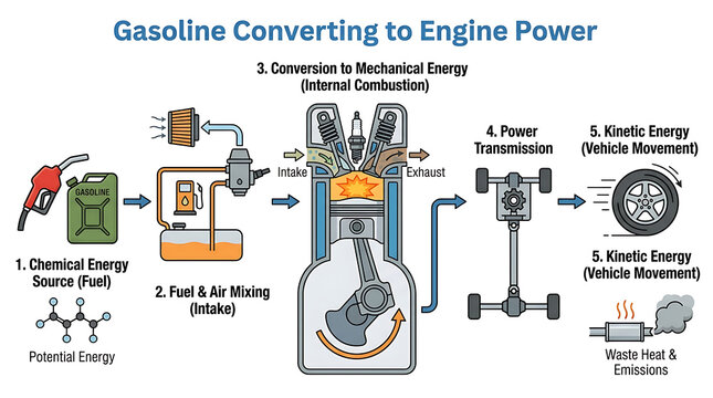 Gasoline converts to engine power through mechanical energy transformation process