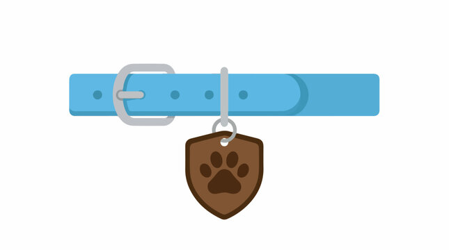 Blue dog collar with metal buckle and paw print tag, a bright pet accessory shown in close up on white background