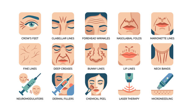 Facial wrinkle types and cosmetic treatments illustrated grid