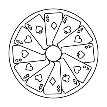 Stylized playing cards arranged in a symmetrical fan shape with geometric motifs and a circular border in a clean black and white minimalist design