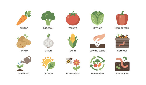 Gardening and farm produce icons showing vegetables seeds and compost