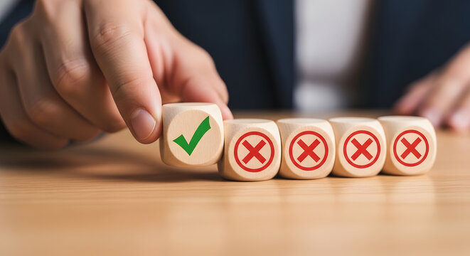 Business decision concept with wooden dice, hand turning green check mark over red cross symbols, evaluation and quality control process