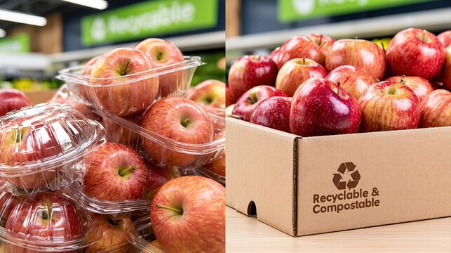 Fresh red apples in plastic clamshell containers and cardboard box