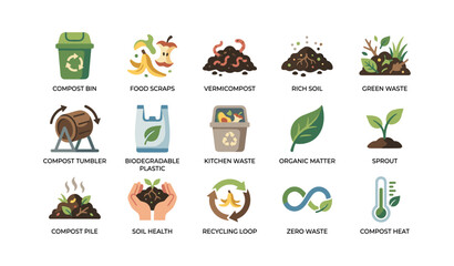 Fototapeta premium Compost and organic waste icons illustrating bin and soil concepts