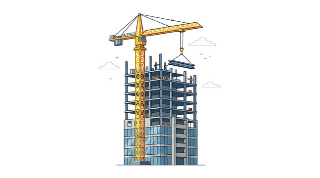 A construction crane lifts a concrete block onto a tall building under construction.