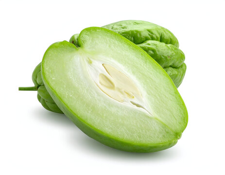 A fresh pale green chayote squash labu siam sliced in half revealing tender interior flesh and seed on white