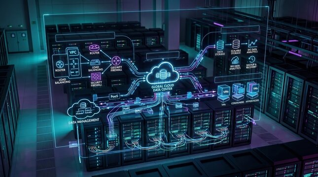 Cloud computing architecture diagram in server room showing digital data management