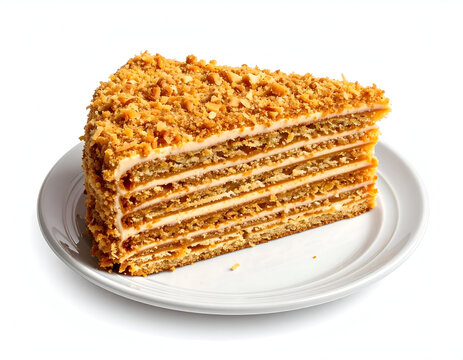 A delicate slice of multi layered honey medovik cake stacked with rich creamy filling served on a white plate