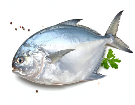 Single fresh raw silver pomfret fish with green garnish isolated on white background seafood mockup