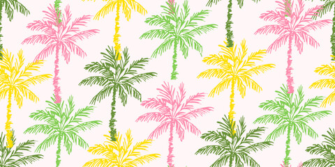 Bright tropical vector seamless pattern. Yellow, green, pink palm trees on a light background. For fabric prints, textiles, beachwear, and Hawaiian shirts. Summer seaside vacation. © MaxNadya