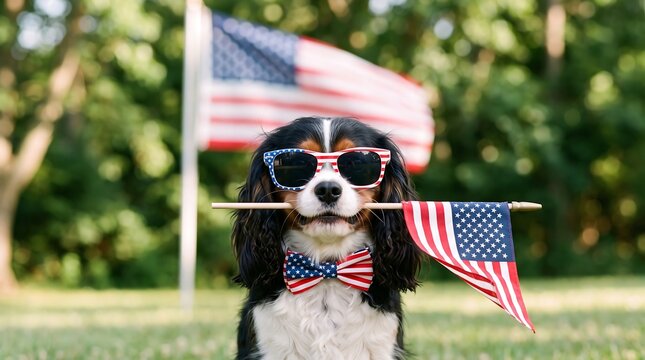 Patriotic dog celebrates labor day with american flag sunglasses and bowtie