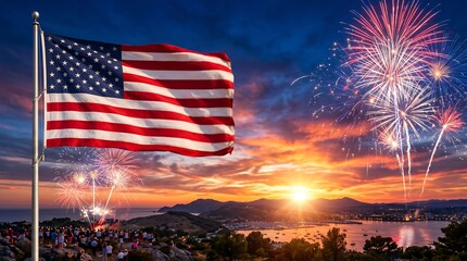 Labor day celebration american flag waving with fireworks display over coastal town