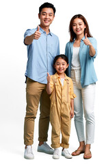 Fototapeta premium Happy Smiling Family Giving Thumbs Up Isolated on White Background – Parents and Daughter Showing Approval, Success and Positive Lifestyle.