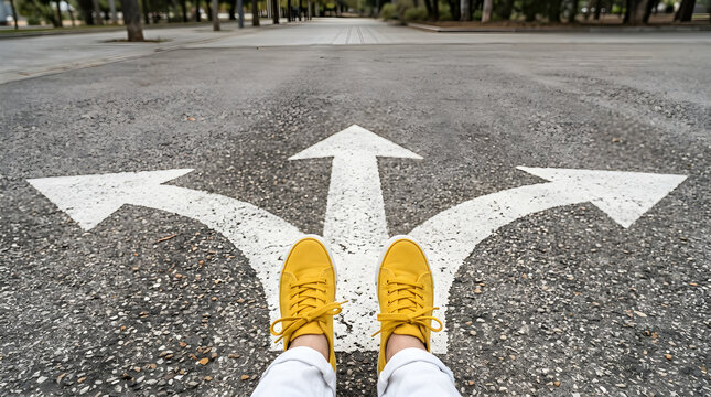 Person standing at a crossroads with three painted arrows on asphalt. This conceptual image represents making difficult life decisions and choosing.