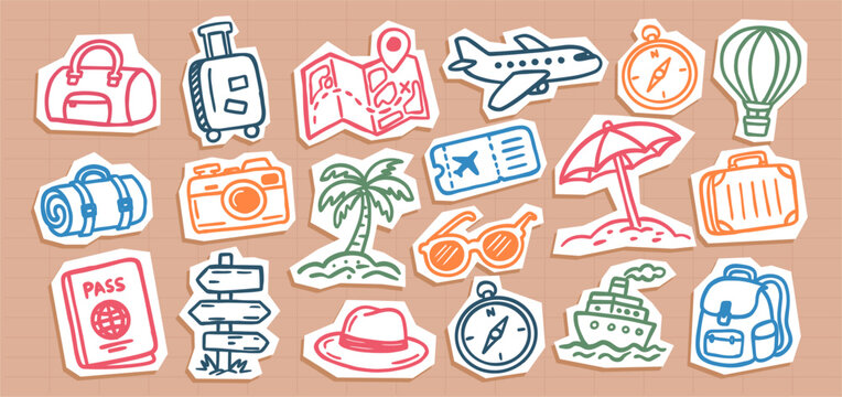 Travel vacation scrapbook sticker set featuring hand drawn luggage, passport, airplane, camera, map, beach, and adventure elements. Colorful vector stickers for planners and journals