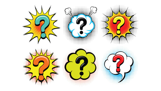Question Mark Collection: A set of colorful comic-style speech bubbles and bursts, each featuring a prominent question mark, symbolizing confusion, inquiry, and curiosity.