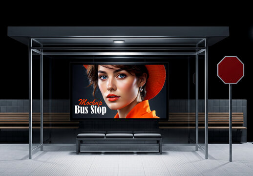 Bus stop billboard mockup at night shelter