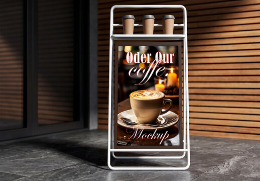 Cafe sandwich board menu mockup on sidewalk next to wooden wall