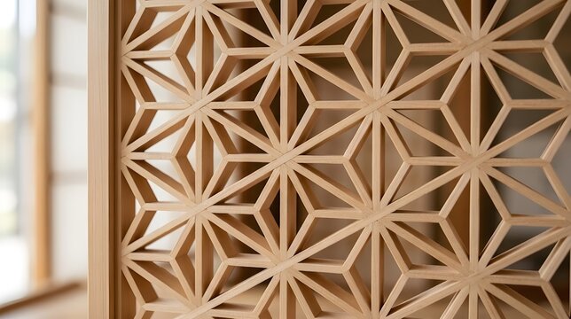Close-up of traditional Japanese Kumiko woodworking with Asanoha (hemp leaf) pattern