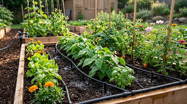 Thriving Organic Home Vegetable Garden with Drip Irrigation System in Wooden Raised Beds During Summer