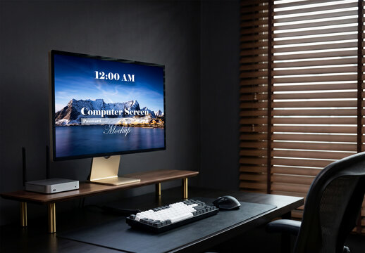 Desktop computer monitor mockup on modern workspace desk