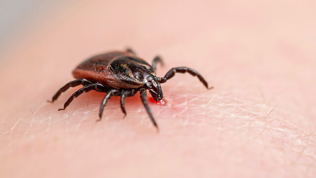 Deer tick attached to human skin sucking blood with parasite, infection