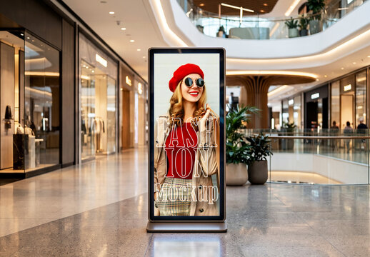 Digital totem signboard mockup in modern shopping mall interior