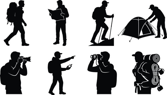 Hiking and camping vector silhouette set featuring backpackers tourists photographers campers and outdoor adventurers on isolated white background