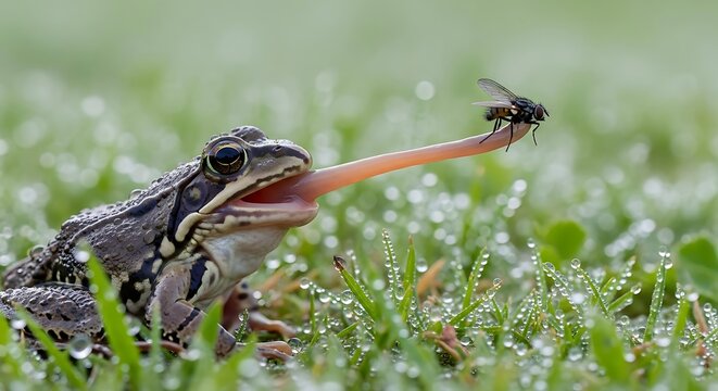Frog's tongue catching a fly on wet grass in nature