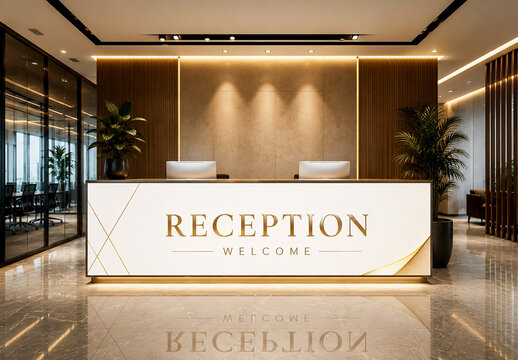 Elegant Modern Reception Desk Mockup in Luxury Corporate Office Lobby